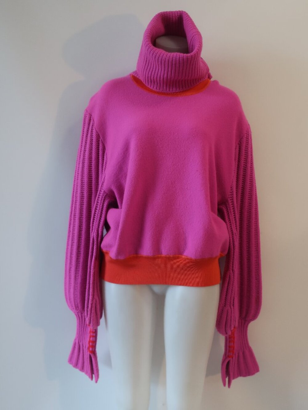 Womens Roksanda Fuchsia Pink Chunky Merino Wool Mix Media Turtleneck Sweater L
